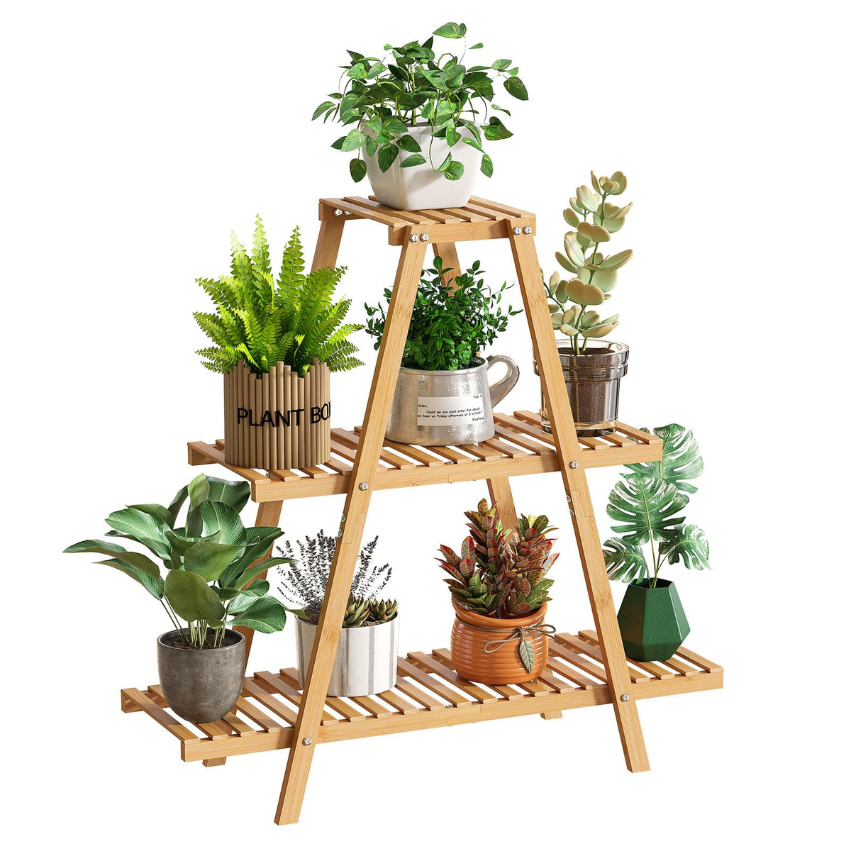 GHWIE front view of 3-tier bamboo plant stand showing compact footprint and layered display