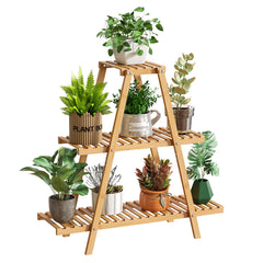GHWIE front view of 3-tier bamboo plant stand showing compact footprint and layered display