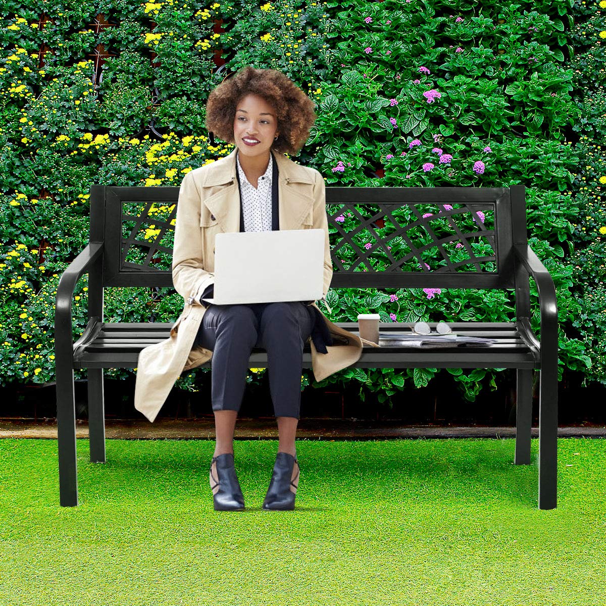 GIANTEX bench with two people seated showing 500 lb capacity and scale