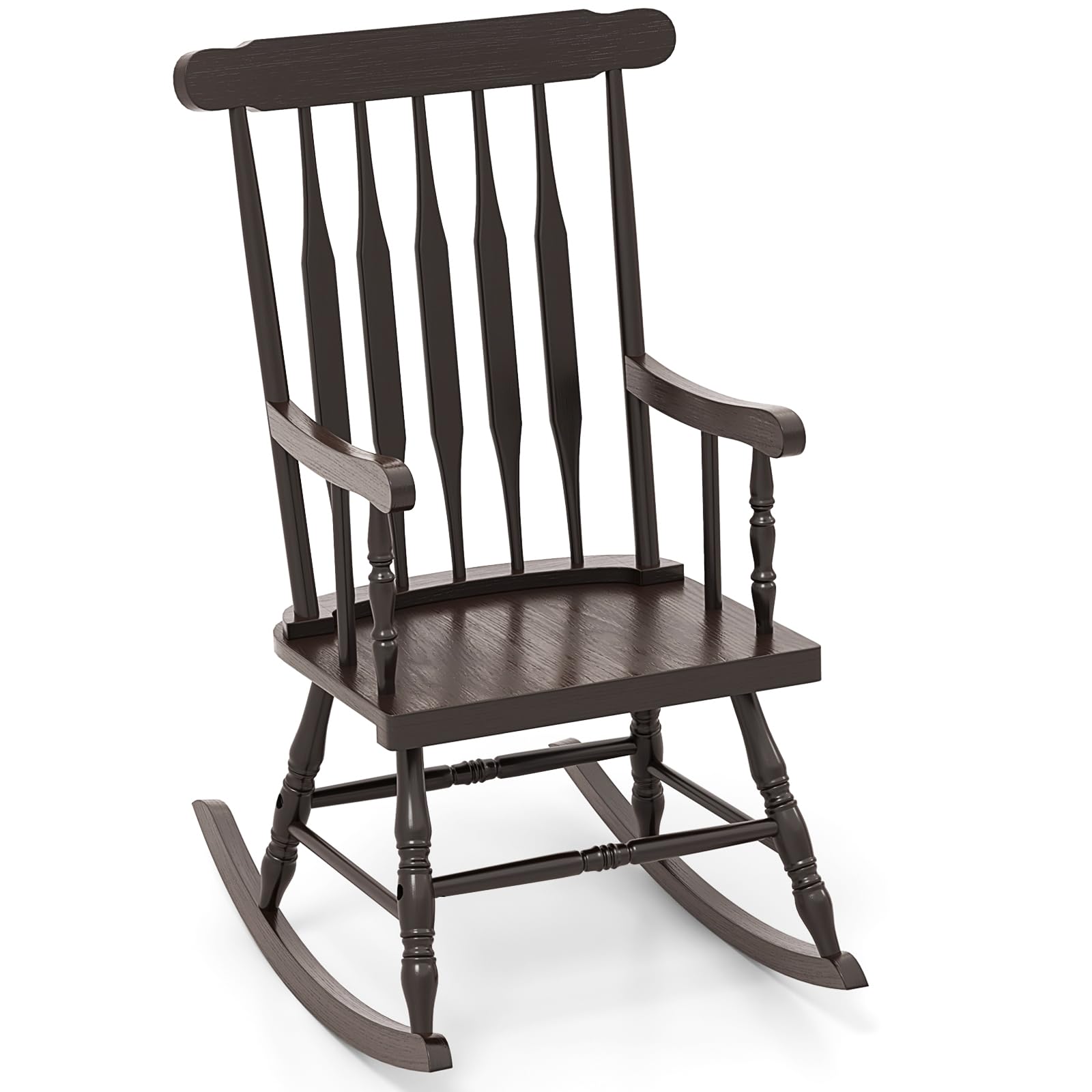 GIANTEX front view of dark coffee rocking chair showing classic silhouette and sturdiness