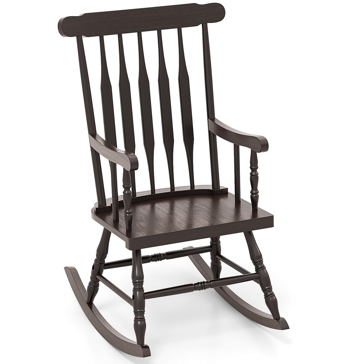 GIANTEX front view of dark coffee rocking chair showing classic silhouette and sturdiness