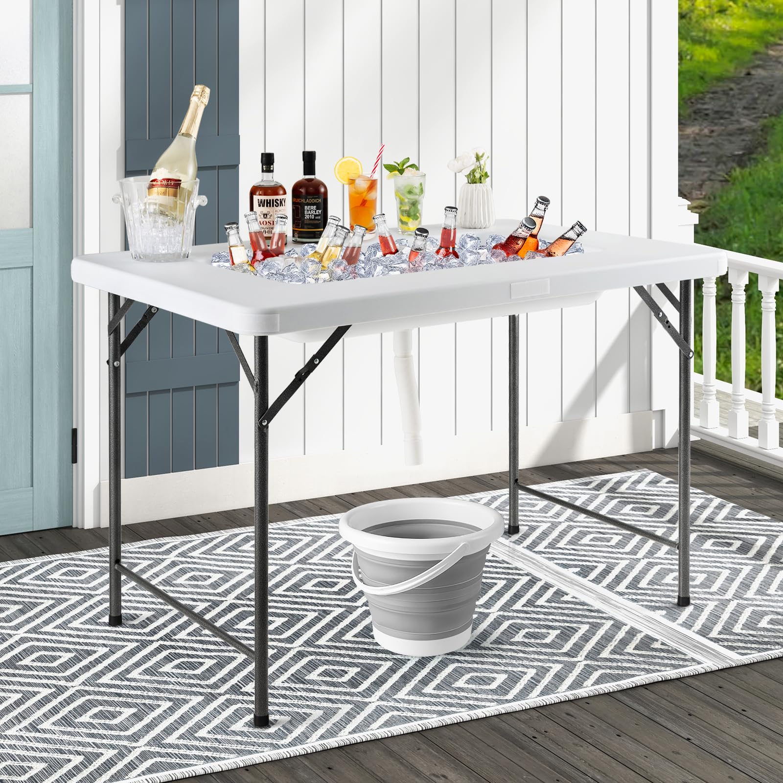 GIANTEX table folded in truck bed illustrating compact transport