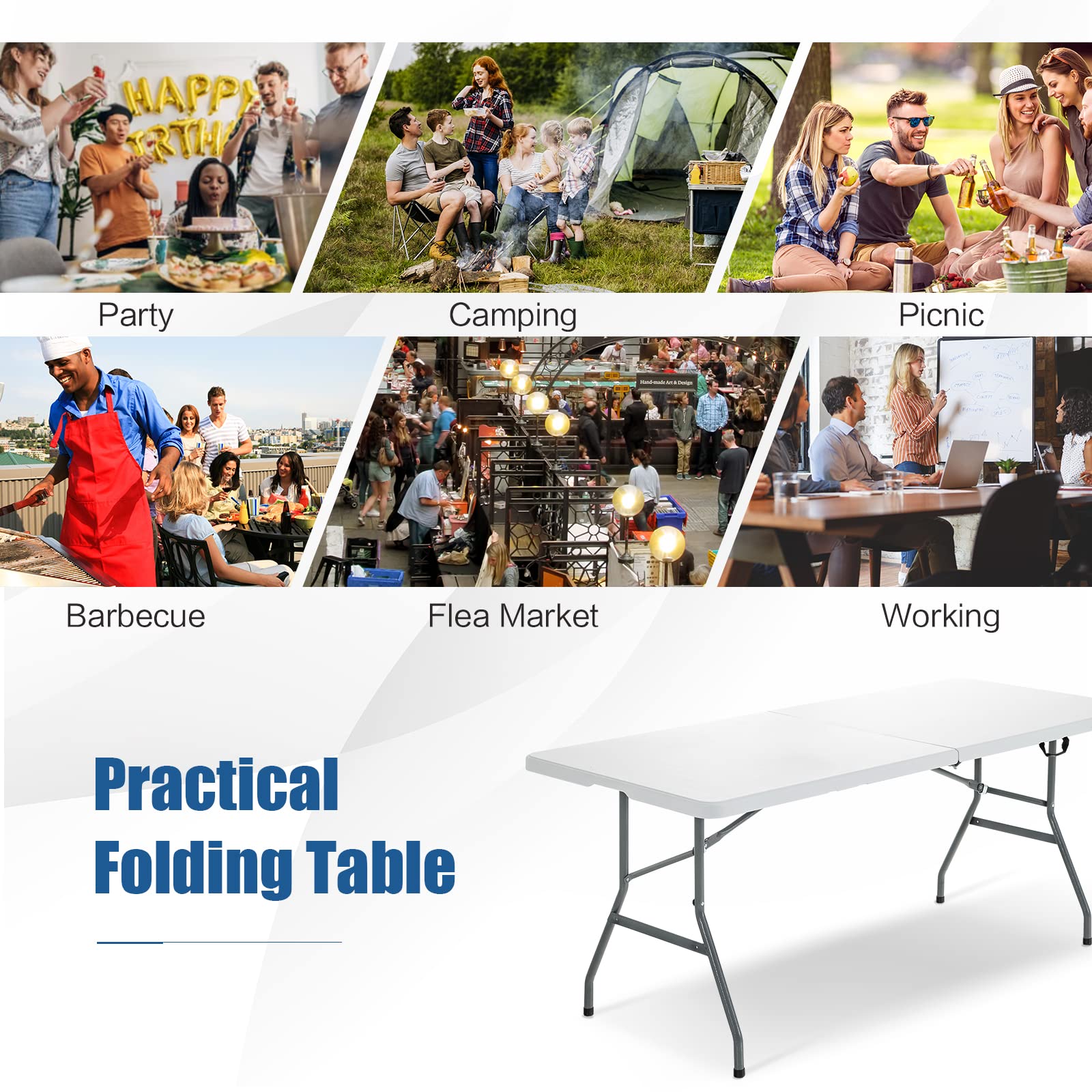 GIANTEX folded table stored upright against wall, compact footprint saves space