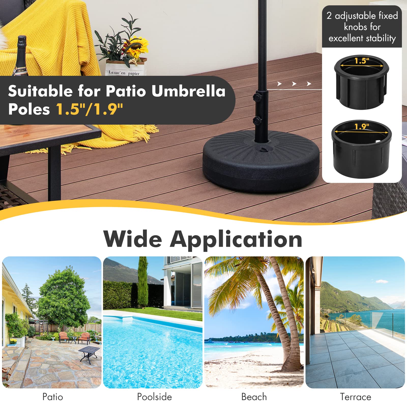 GIANTEX umbrella base close-up of adjustable knobs and included adapters for stable locking