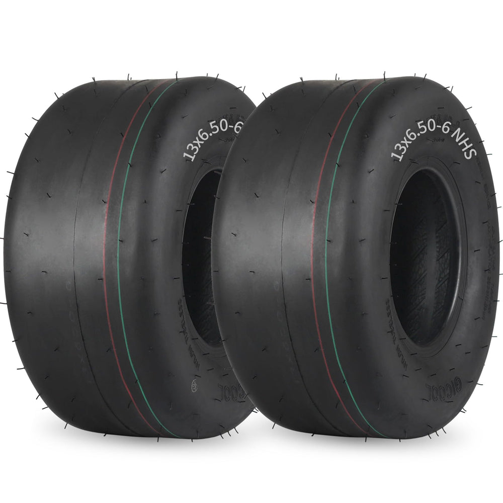 GICOOL front-facing 13x6.50-6 tire pair showing smooth turf benefit