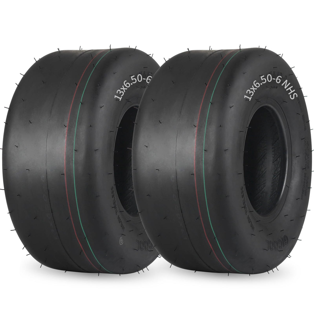 GICOOL front-facing 13x6.50-6 tire pair showing smooth turf benefit