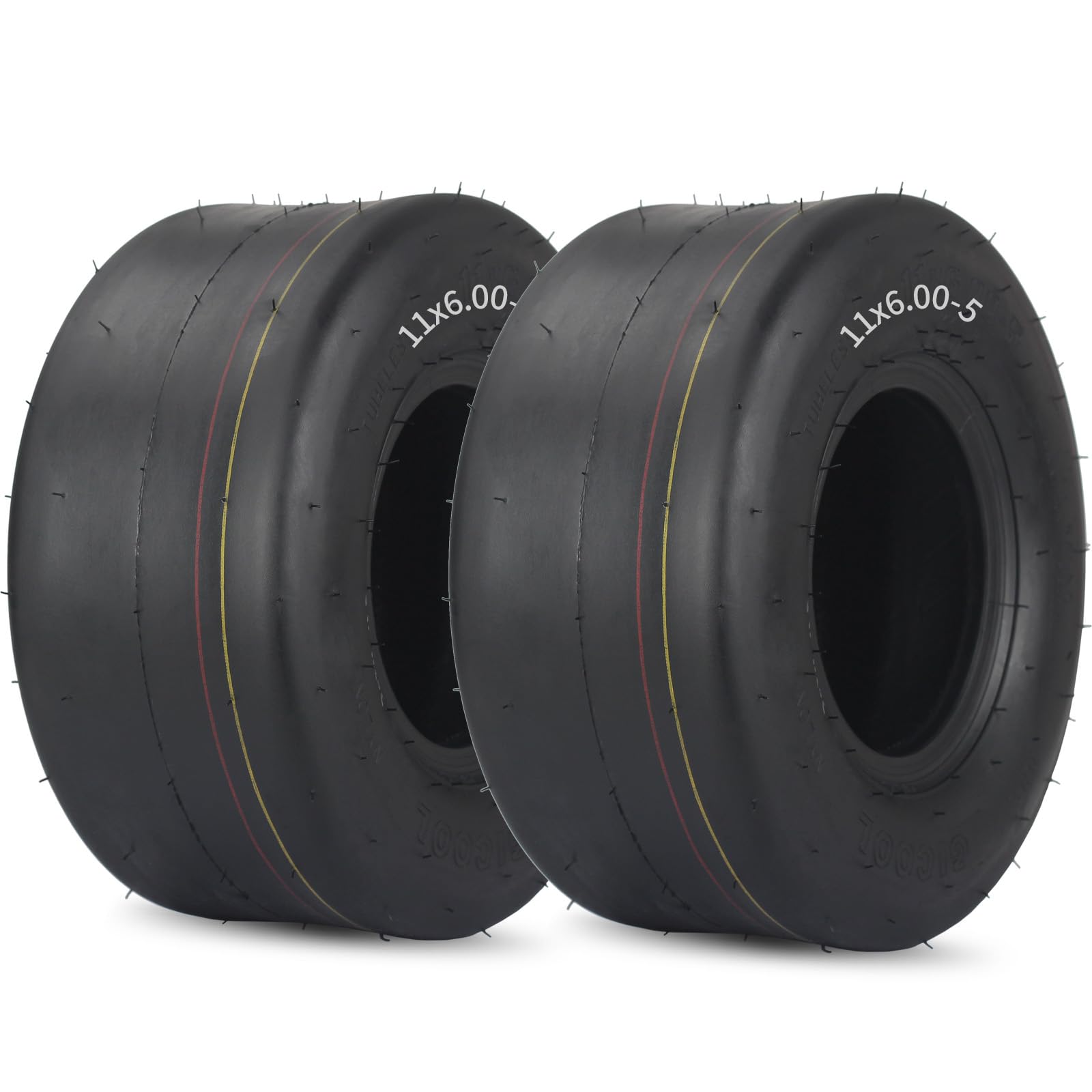 GICOOL front view of two 11x6.00-5 tires showing profile and smooth tread for turf protection