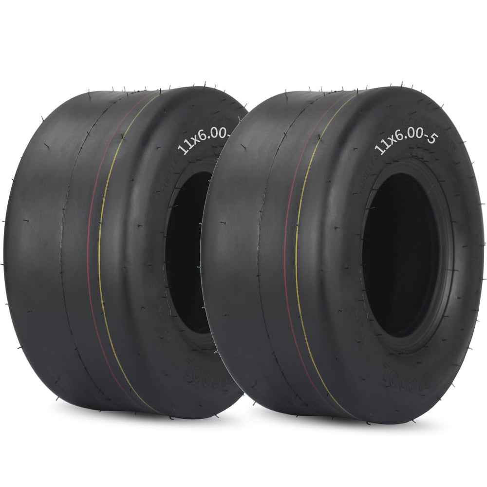 GICOOL front view of two 11x6.00-5 tires showing profile and smooth tread for turf protection