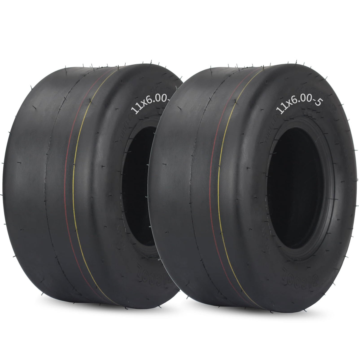 GICOOL front view of two 11x6.00-5 tires showing profile and smooth tread for turf protection