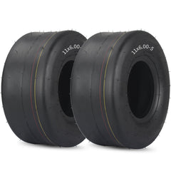 GICOOL front view of two 11x6.00-5 tires showing profile and smooth tread for turf protection