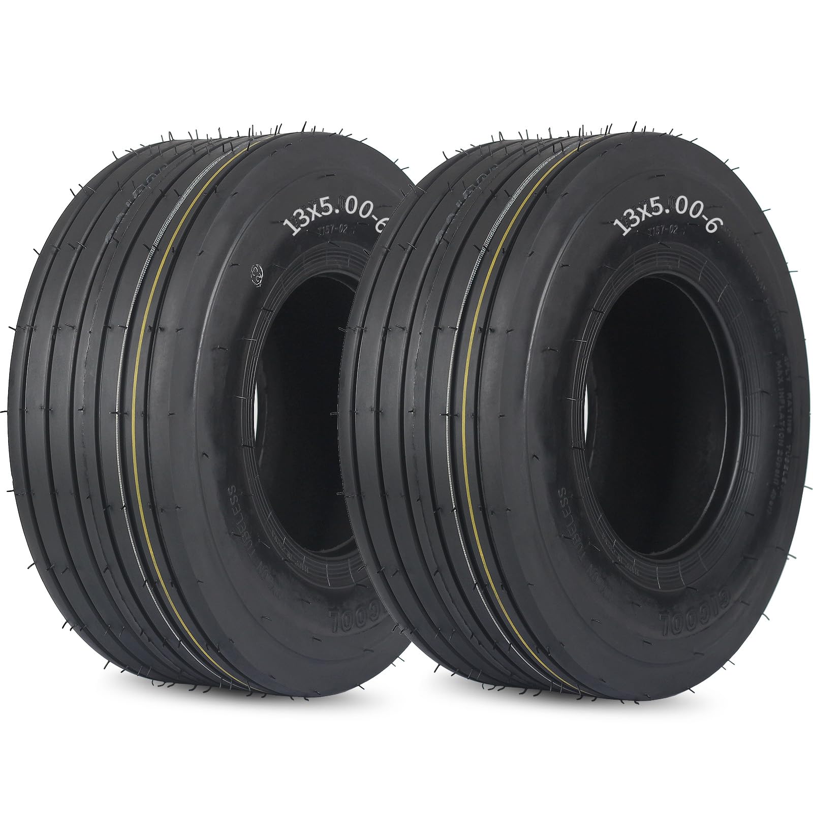 GICOOL front view two-pack 13x5.00-6 tires showing size and tread, benefits lawn protection