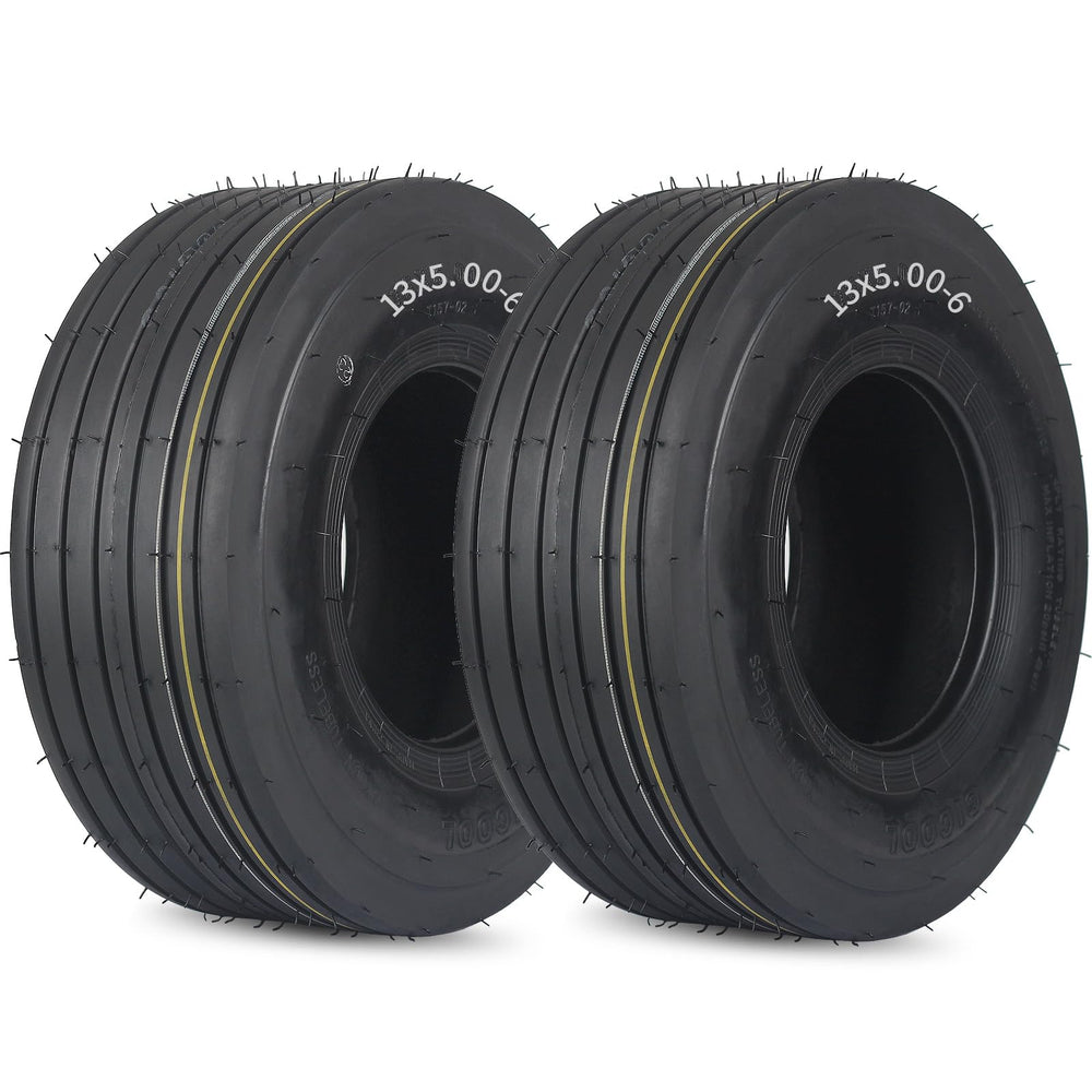 GICOOL front view two-pack 13x5.00-6 tires showing size and tread, benefits lawn protection