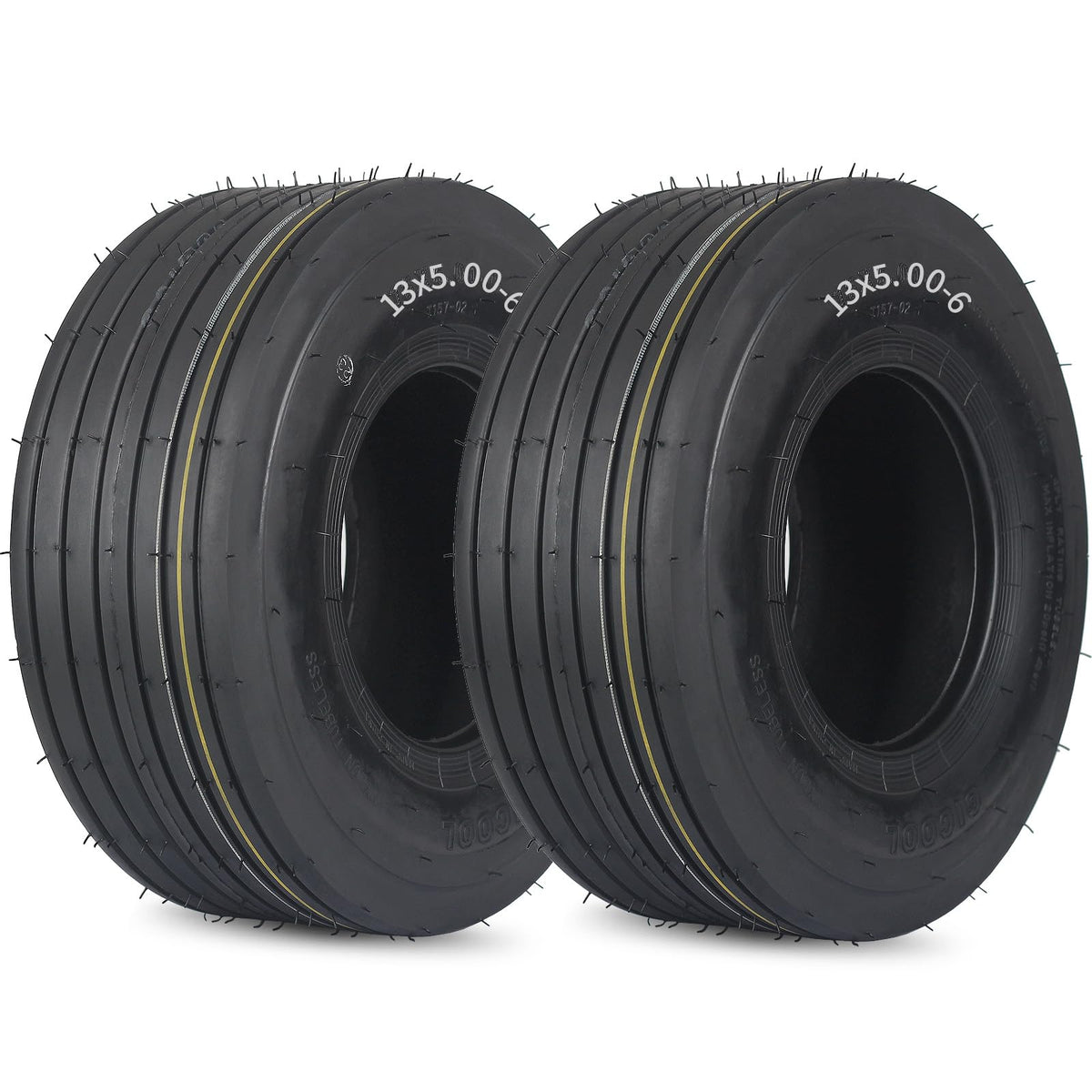 GICOOL front view two-pack 13x5.00-6 tires showing size and tread, benefits lawn protection