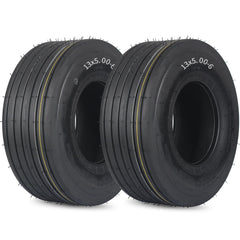 GICOOL front view two-pack 13x5.00-6 tires showing size and tread, benefits lawn protection