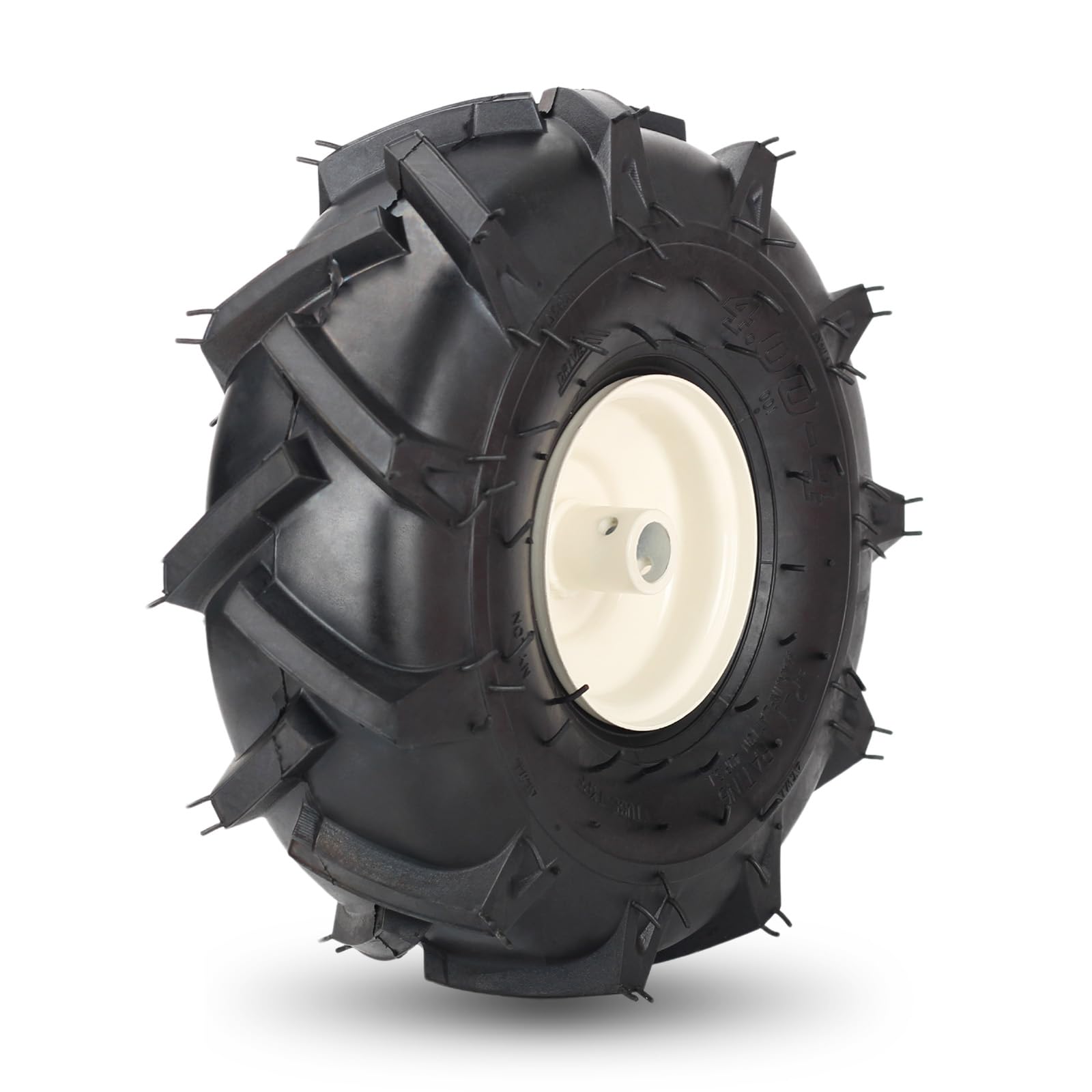 GICOOL front view of 11x4.00-4 tubeless tiller tire showing full profile and benefits