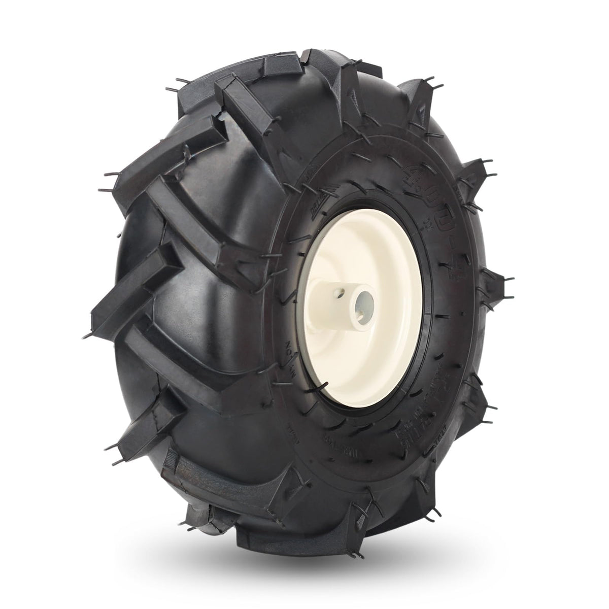 GICOOL front view of 11x4.00-4 tubeless tiller tire showing full profile and benefits