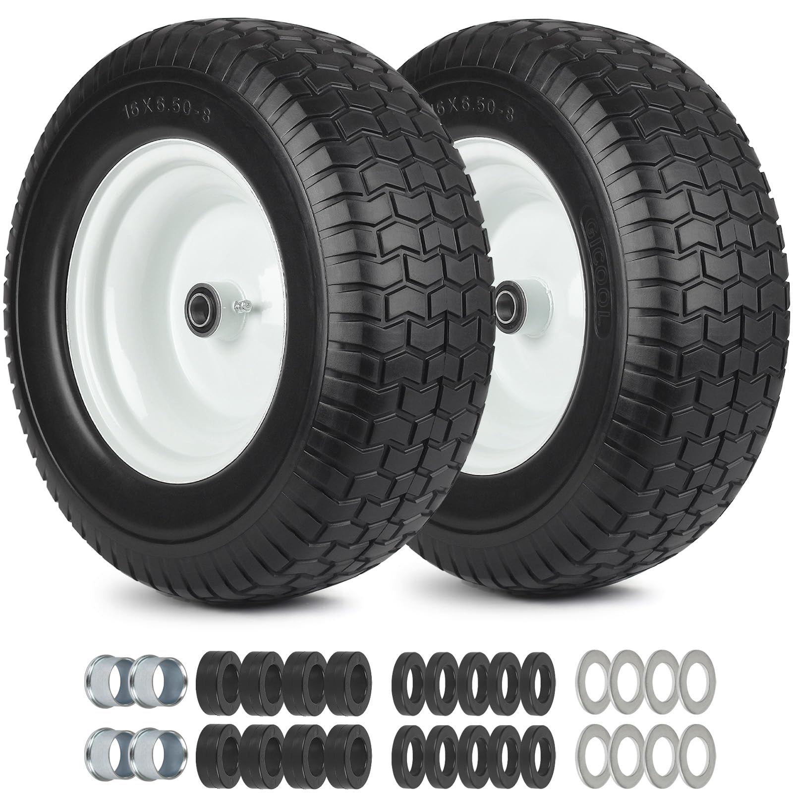 GICOOL front view of complete 16x6.50-8 wheel assembly showing solid tire benefit