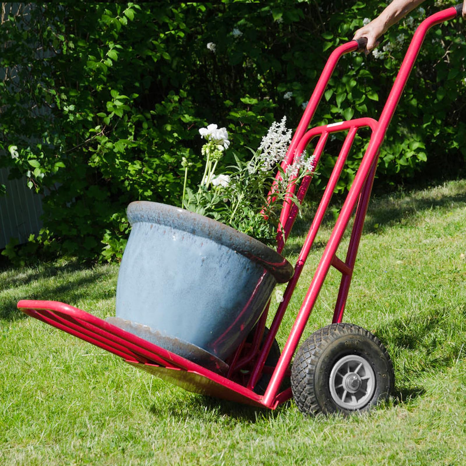 GICOOL wheel fitted on garden cart in yard showing low-maintenance hauling benefit