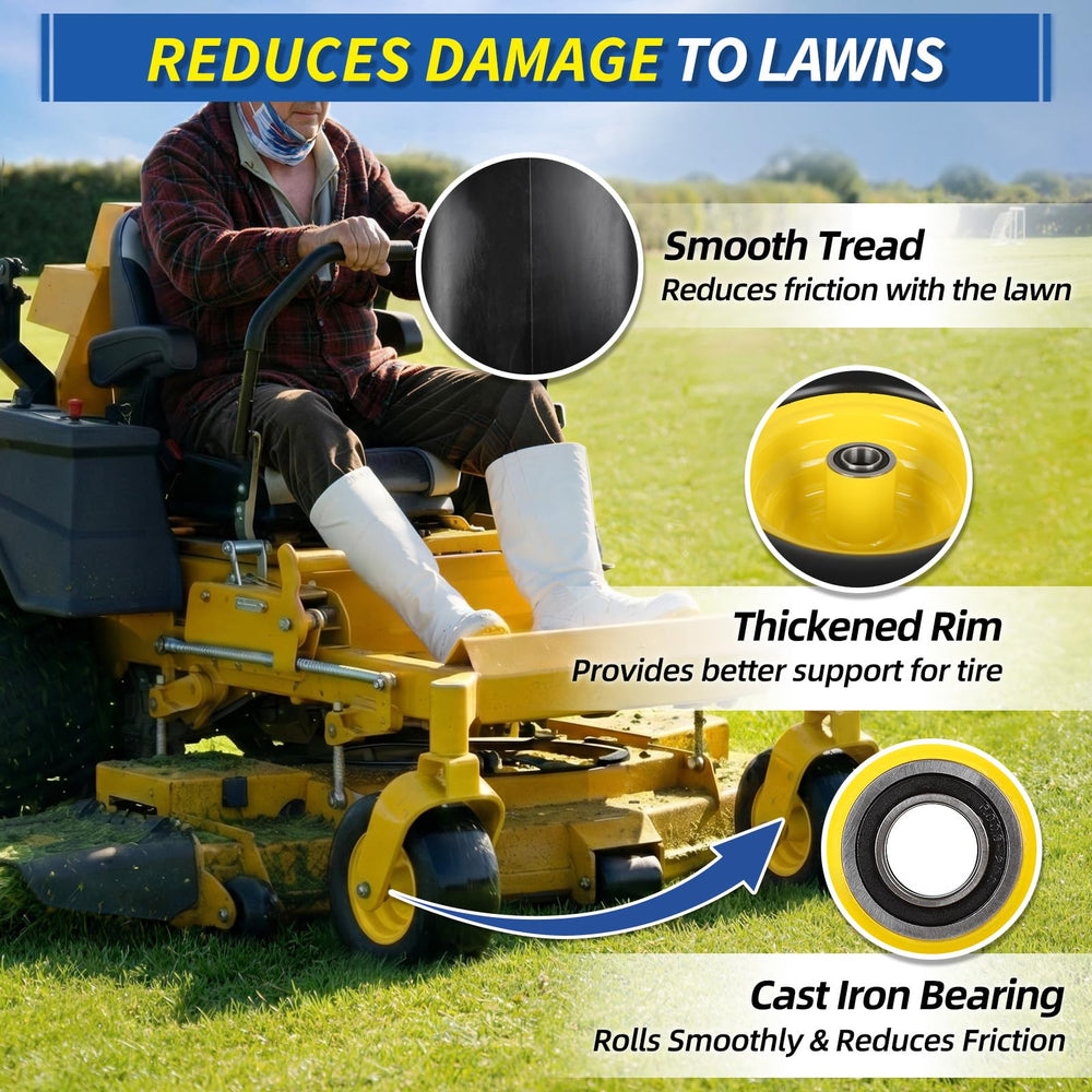 GICOOL wheels fitted to a yard tractor in a lawn setting showing smoother turf contact and durability