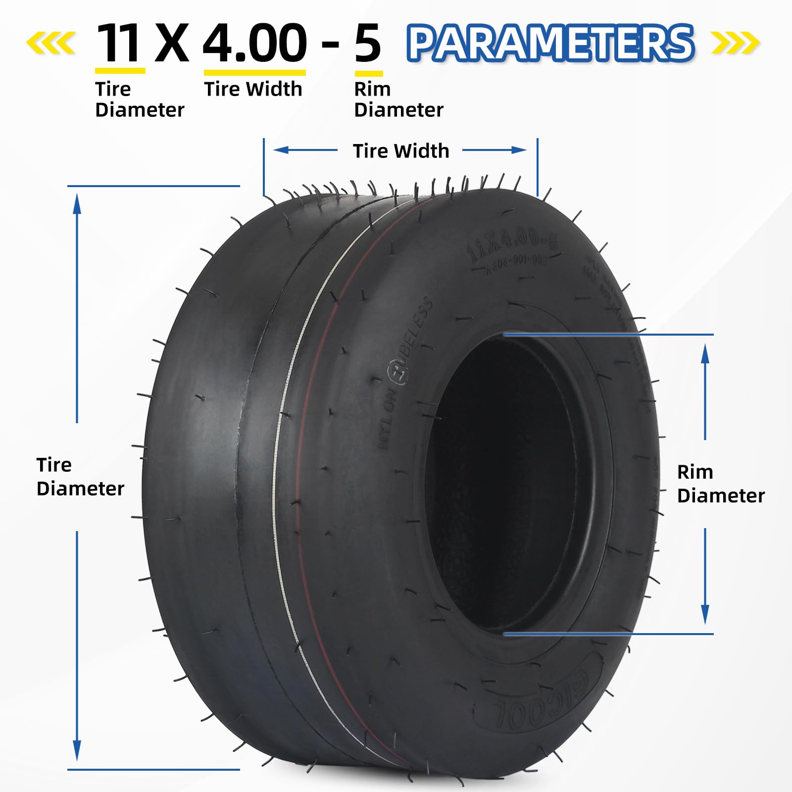 GICOOL tire beside a ruler showing 11 inch diameter and correct scale for fitment