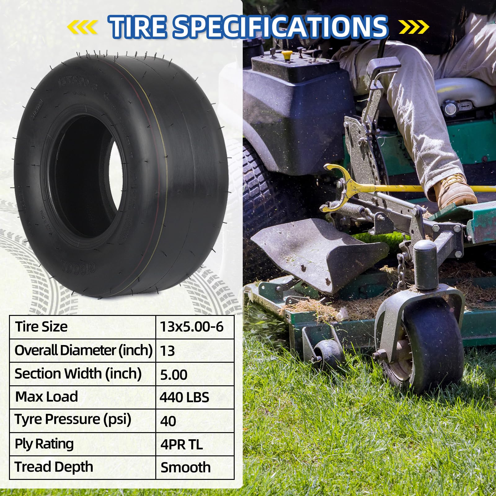 GICOOL side profile showing 13" diameter and 5" width to confirm correct mower fit