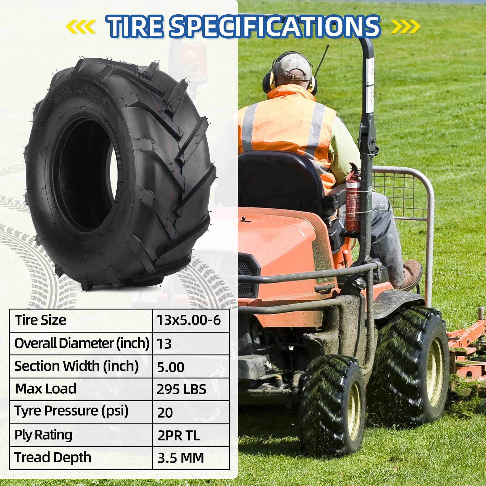GICOOL sidewall showing 13x5.00-6 size marking and durable two-ply construction benefit