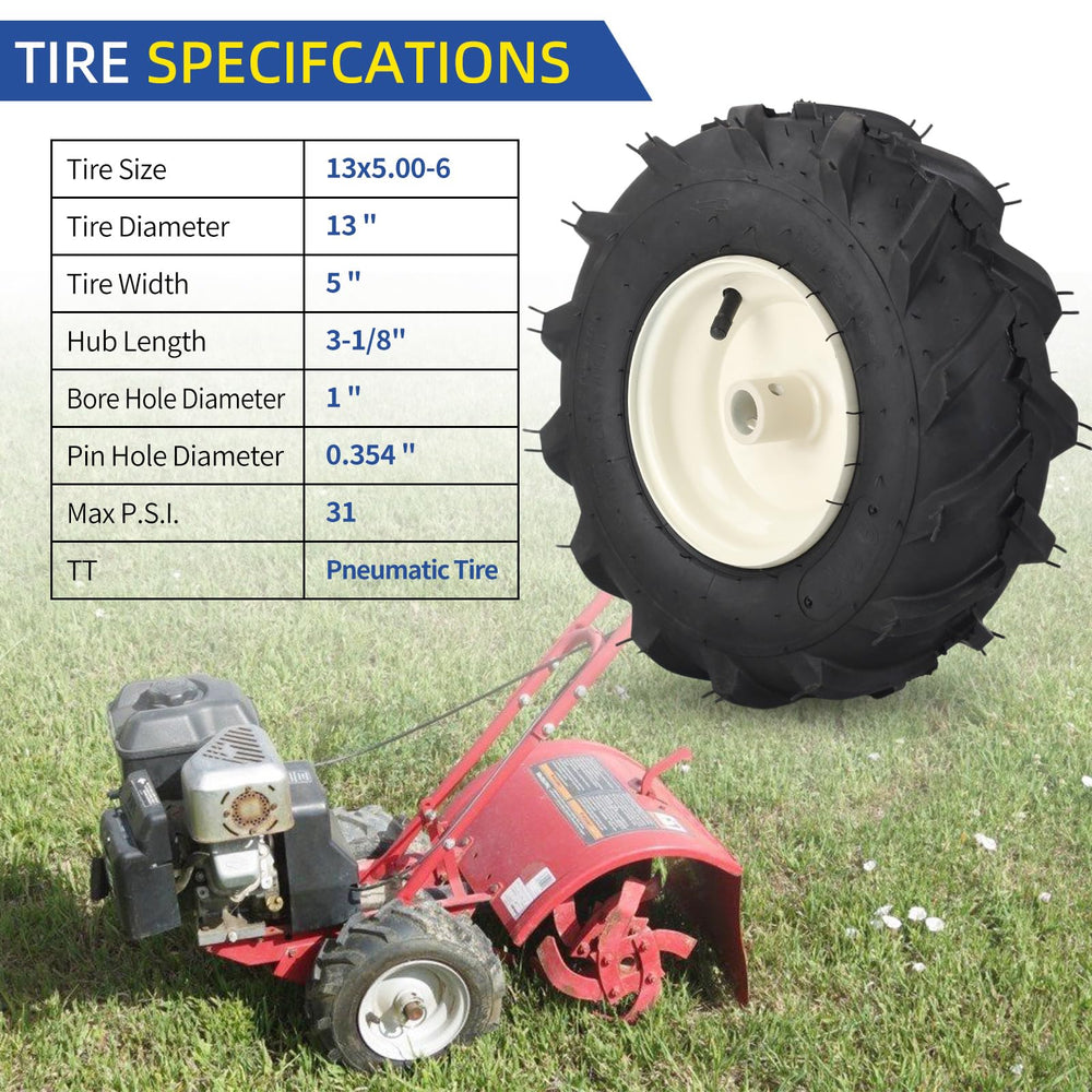 GICOOL wheel beside ruler showing 13x5.00-6 dimensions for easy verification benefit