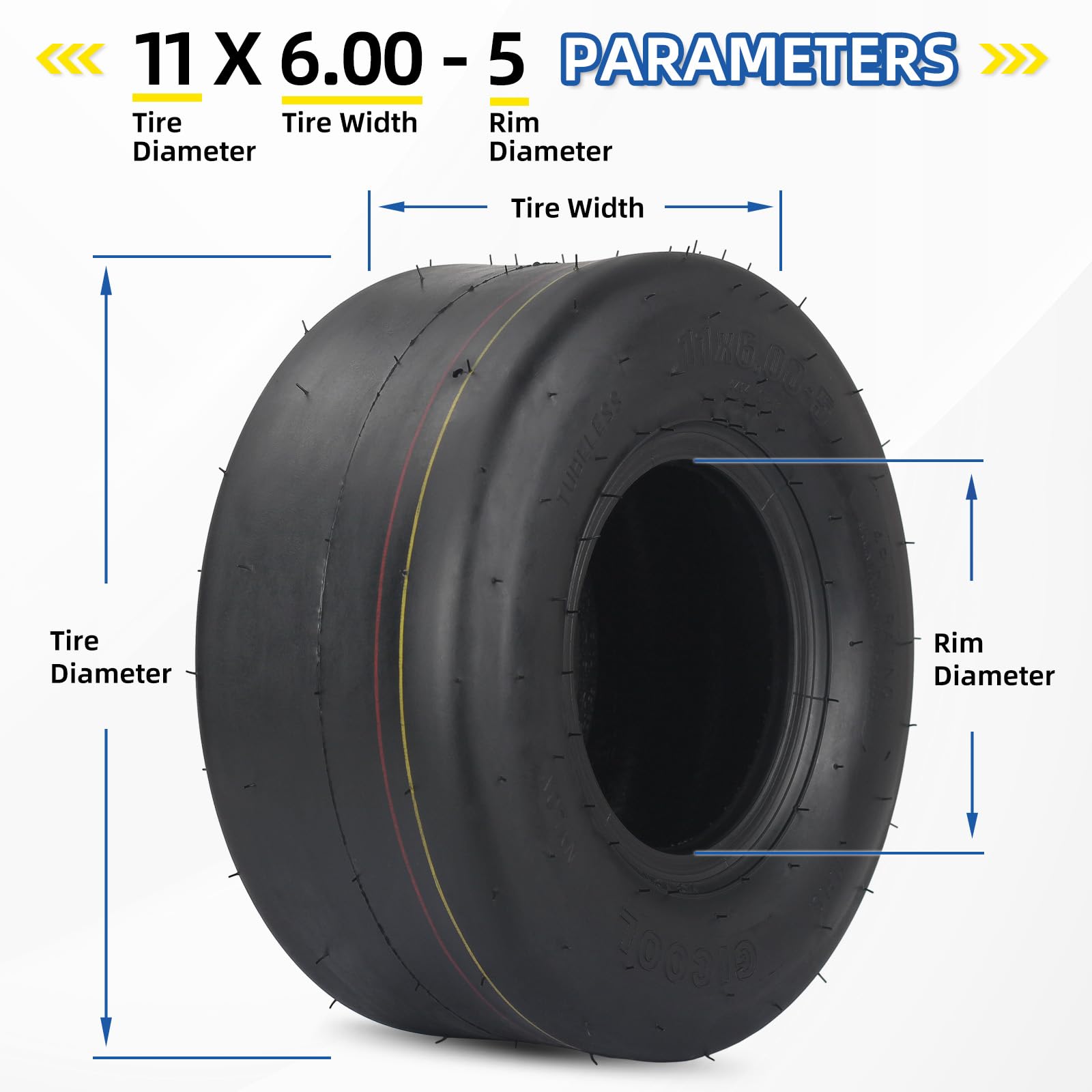 GICOOL tire beside ruler and hand for scale to verify 11-inch diameter and 6-inch width