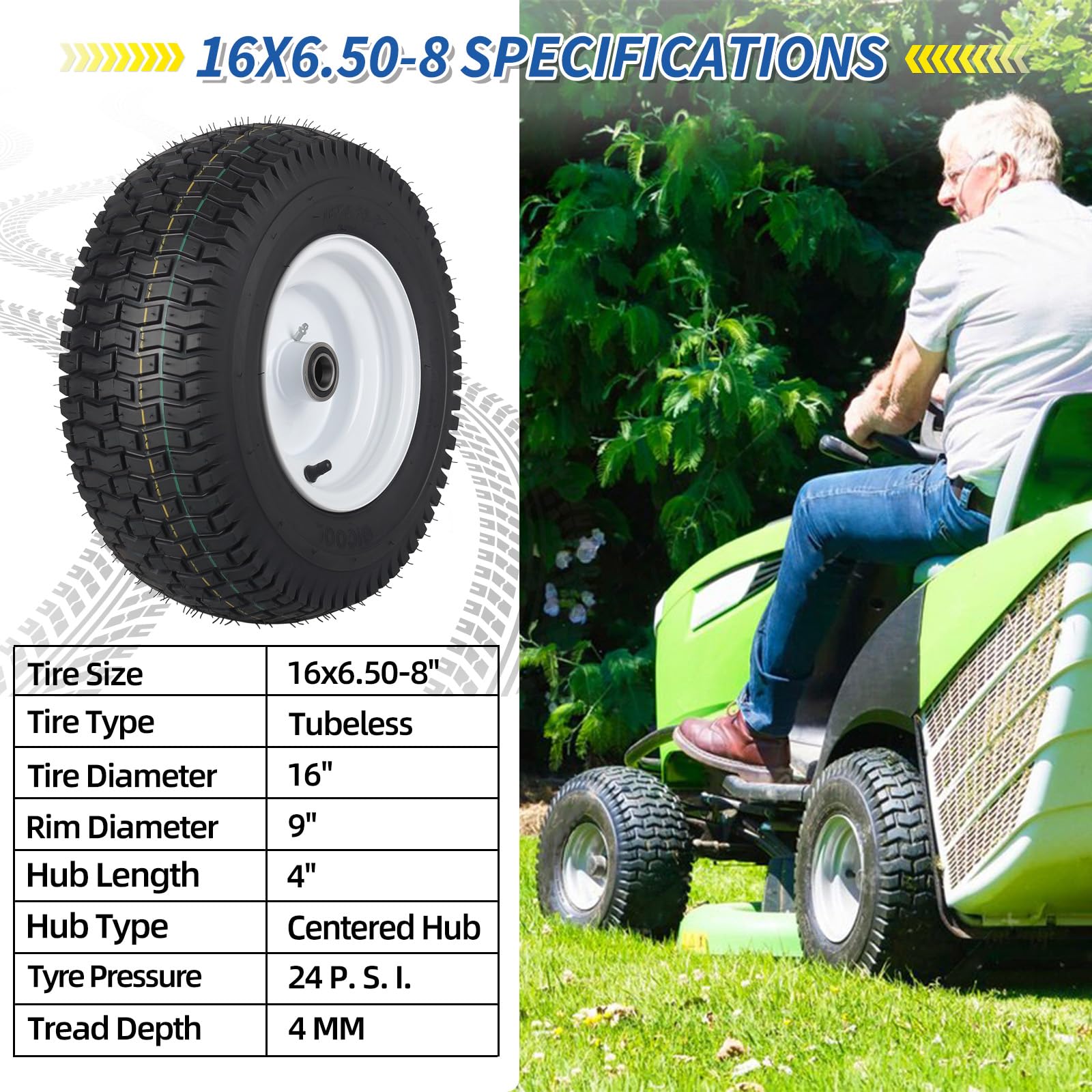 GICOOL wheel next to tape measure showing 16x6.50-8 size for fit confirmation