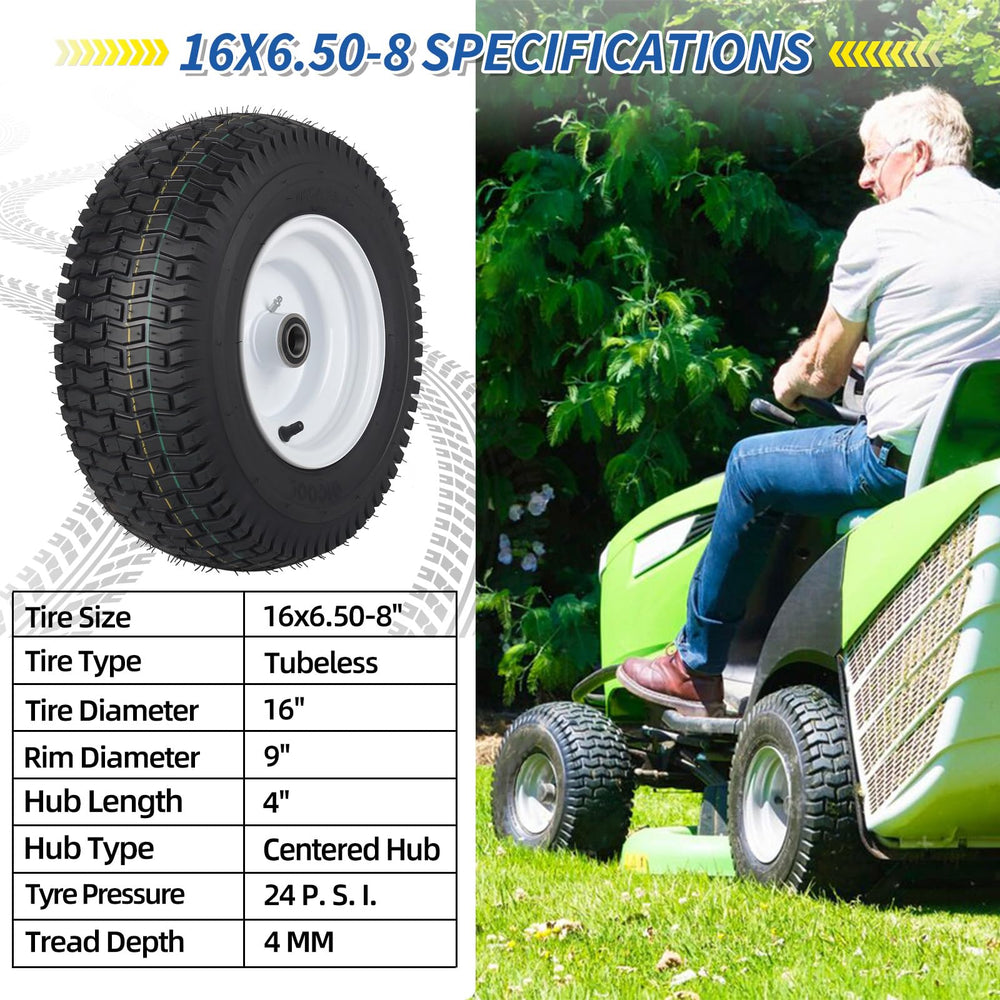 GICOOL wheel next to tape measure showing 16x6.50-8 size for fit confirmation