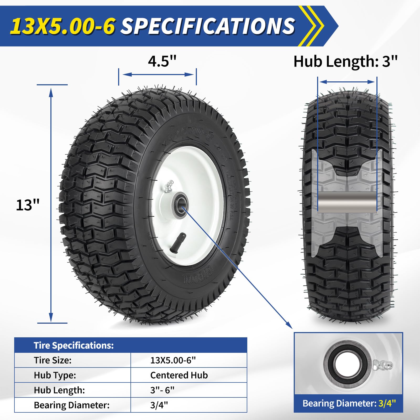 GICOOL side profile of 13-inch tire highlighting tread shape and reduced turf scuffing