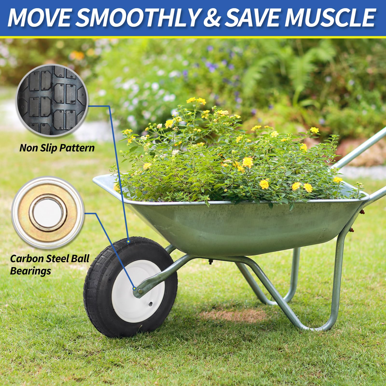 GICOOL wheel mounted on garden cart in yard, improved maneuverability benefit