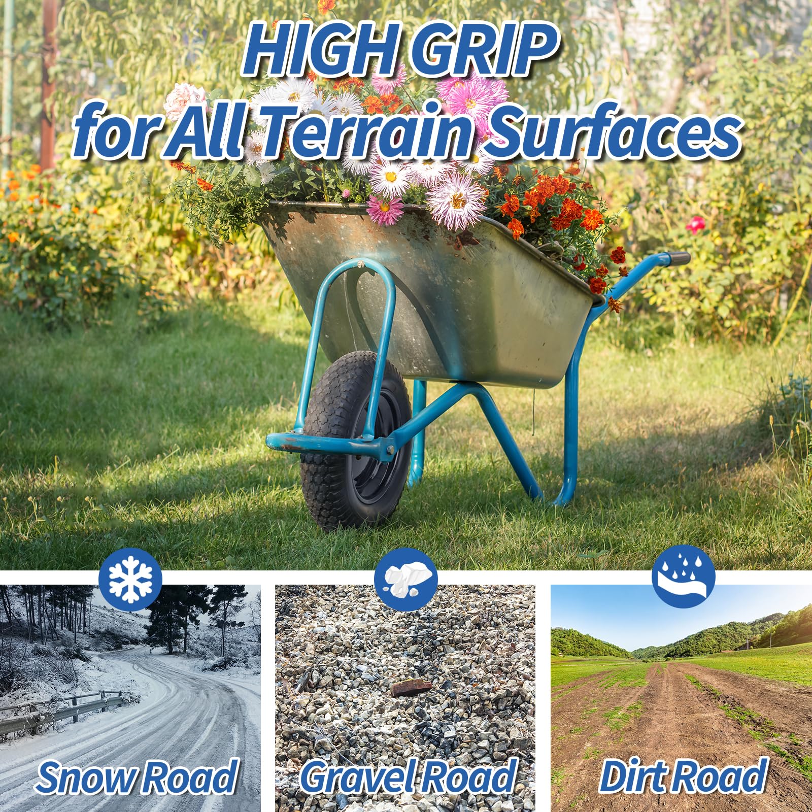 GICOOL wheel in use on wheelbarrow showing flat-free convenience