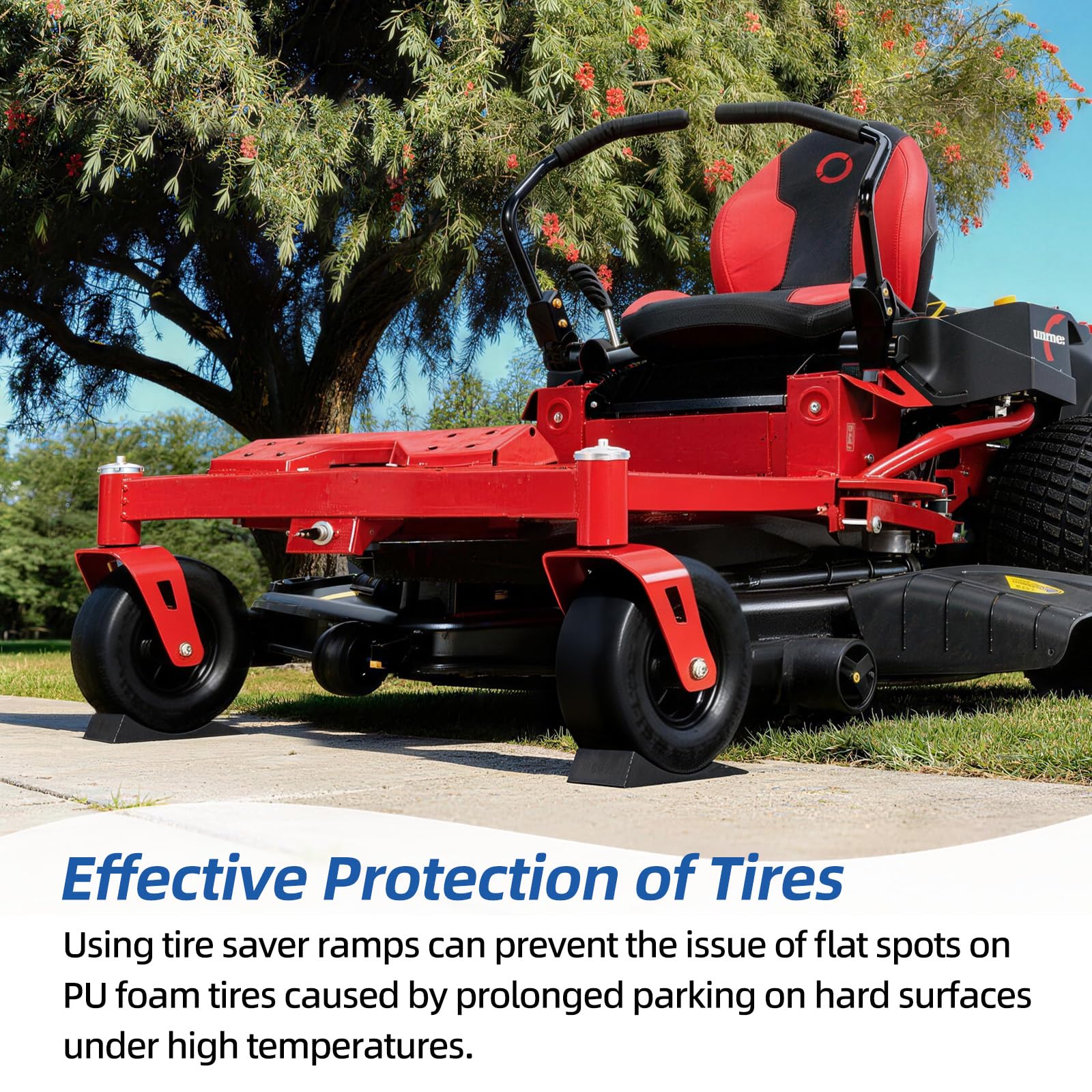 GICOOL wheel installed on a zero-turn mower demonstrating puncture-free benefit