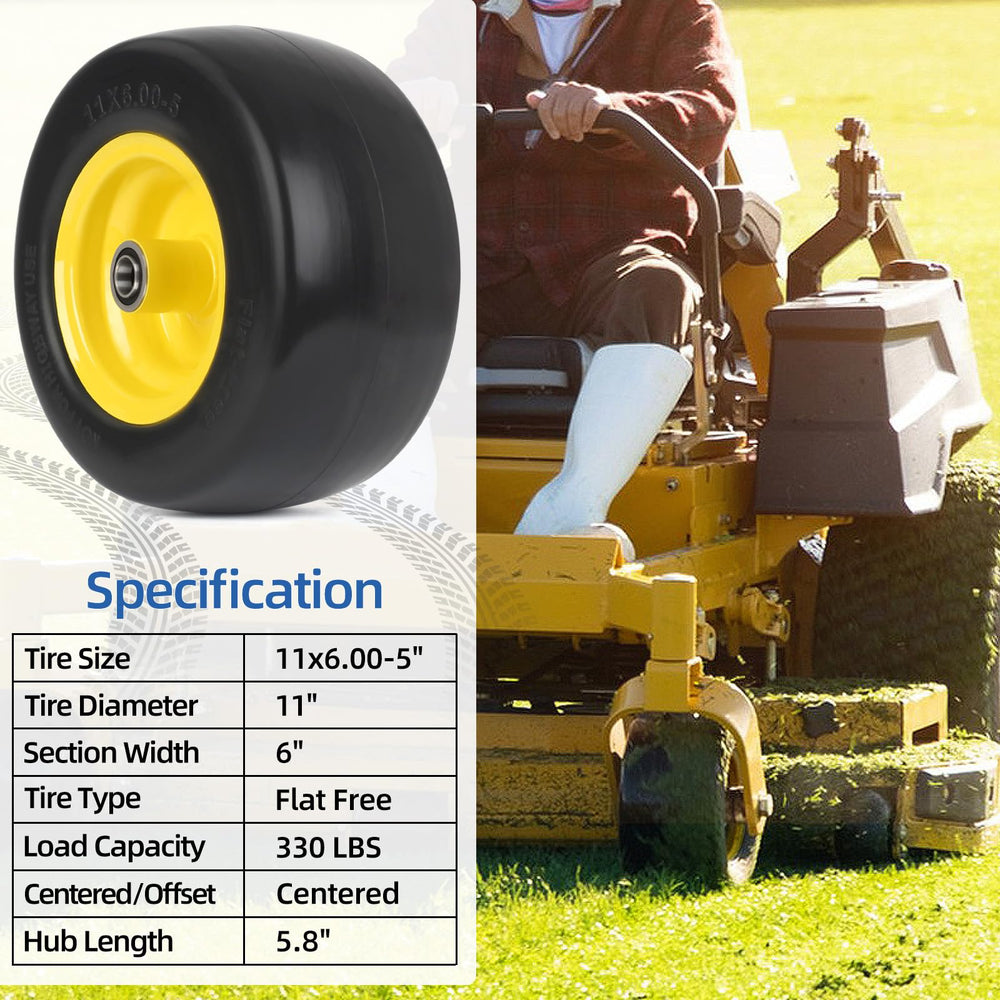 GICOOL wheels mounted on a zero-turn mower demonstrating puncture-proof, maintenance-free benefit