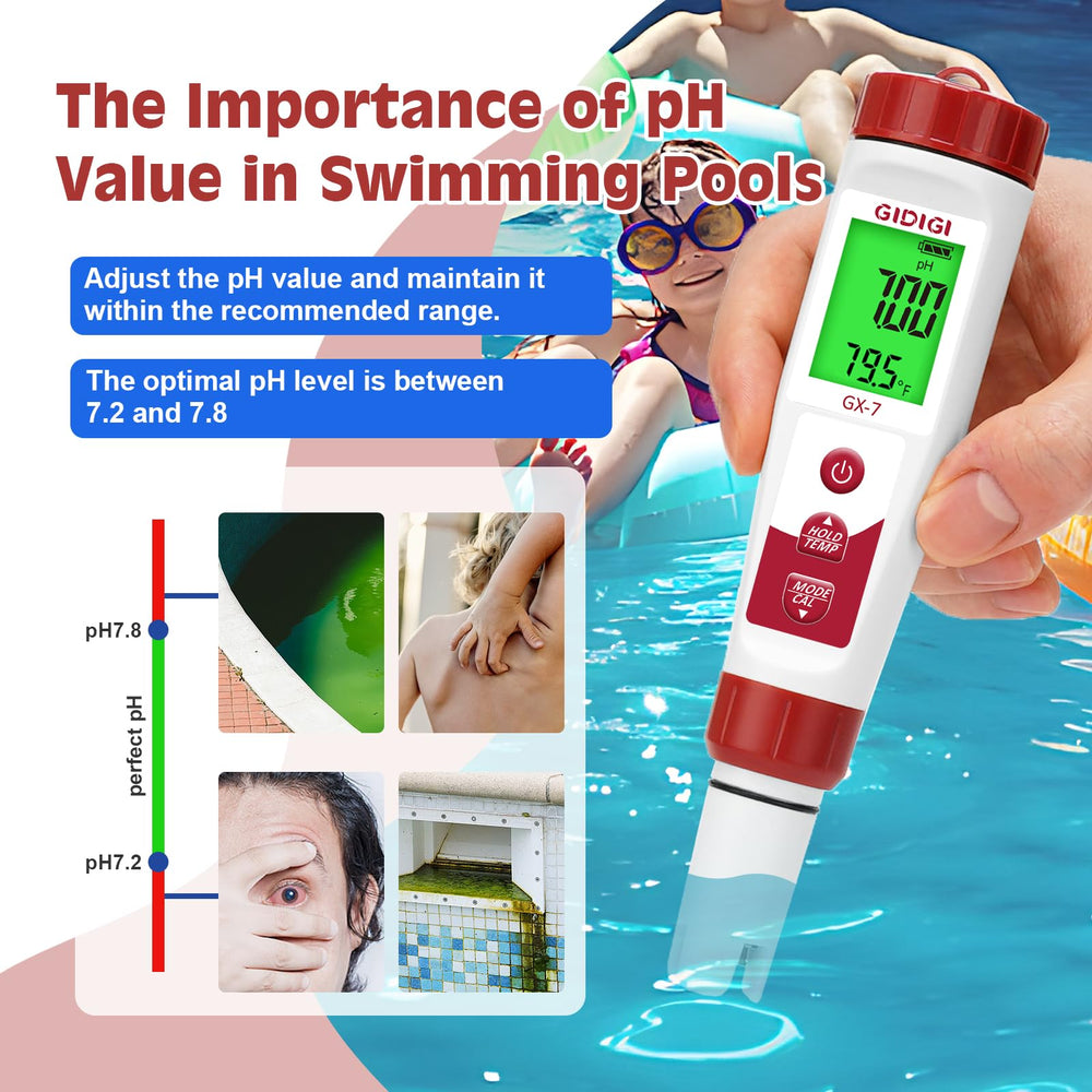 GIDIGI meter being dipped into a pool to demonstrate on-site chlorine and salinity checks