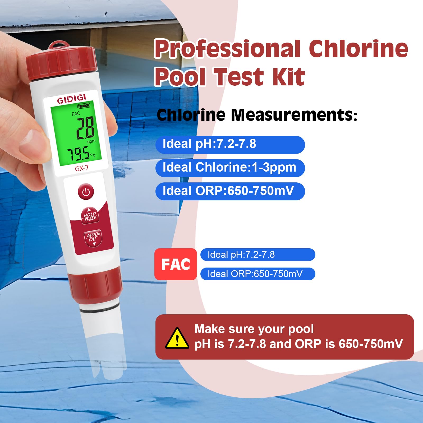 GIDIGI backlit display showing chlorine and pH readings for quick, clear results at dusk