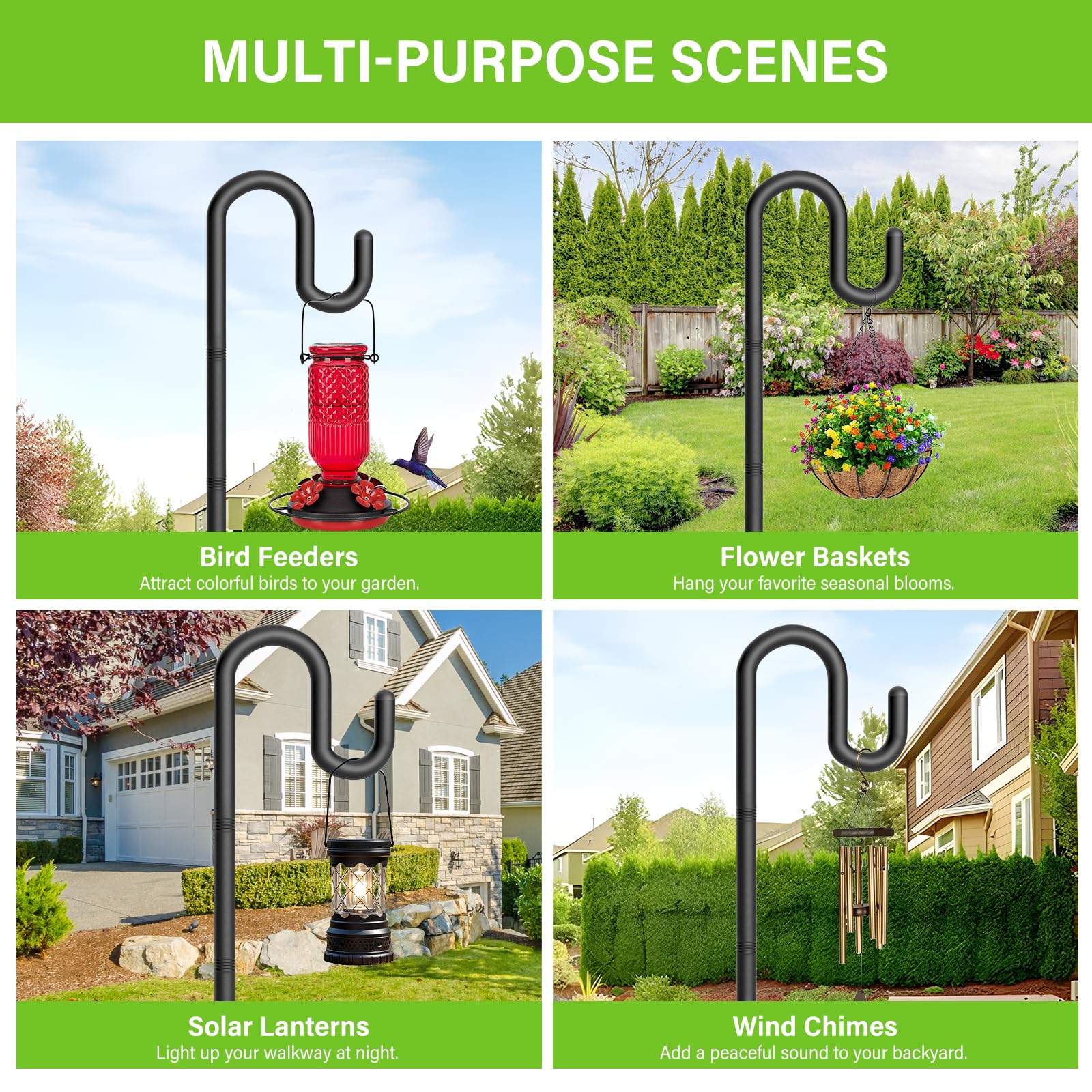 Gientan pole in garden with hanging plant and hummingbird feeder demonstrating use