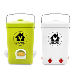 GIFANK front view of hanging feeder and waterer set, shows tidy coop benefit