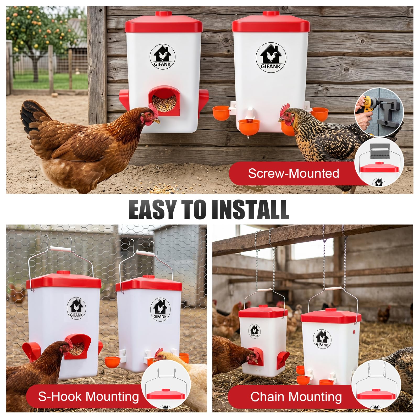 GIFANK feeder and waterer hanging on wire mesh for space-saving installation