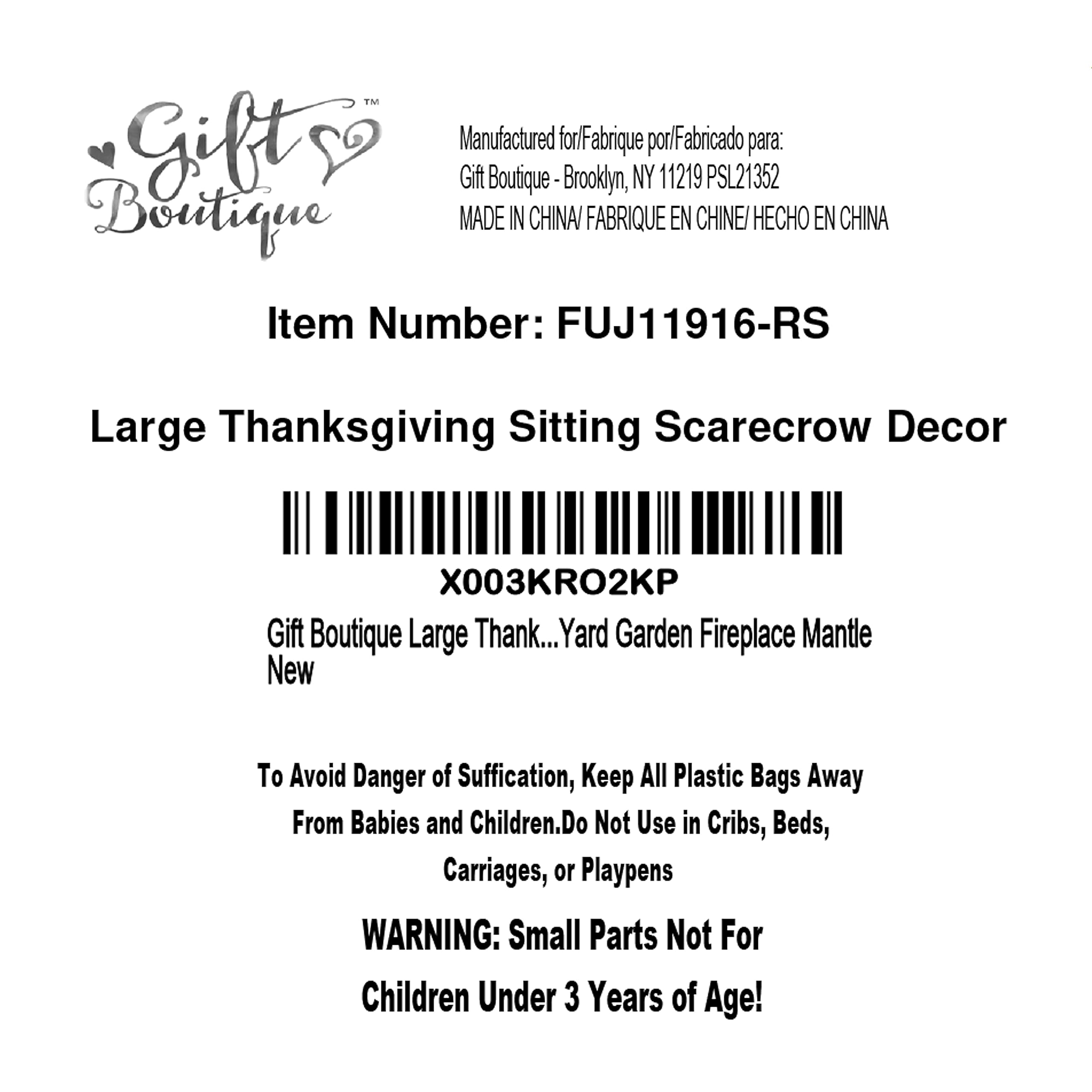 Gift Boutique scarecrow next to chair showing 50-inch height for impact