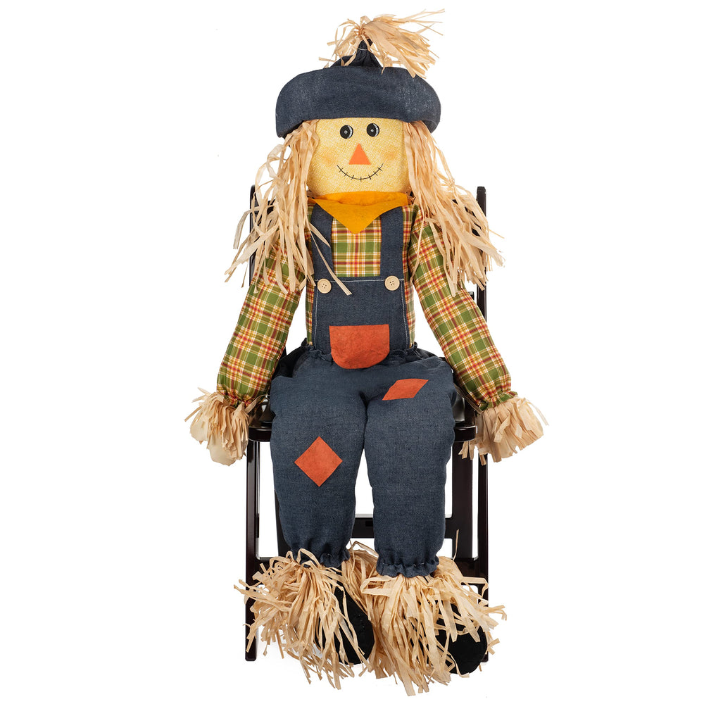Gift Boutique sitting scarecrow front view adds warm fall welcome