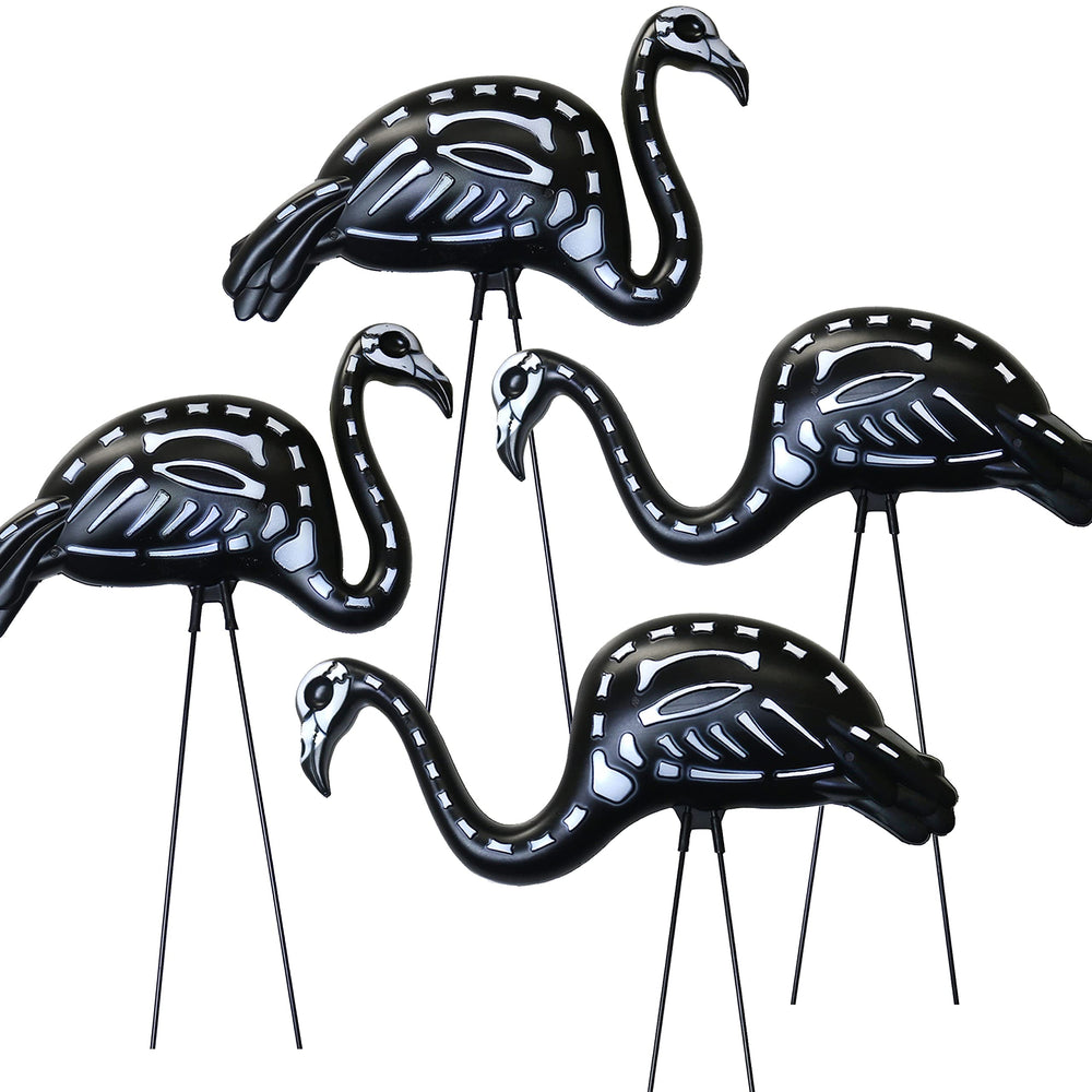 GiftExpress front view of four black flamingo skeletons for bold curb appeal