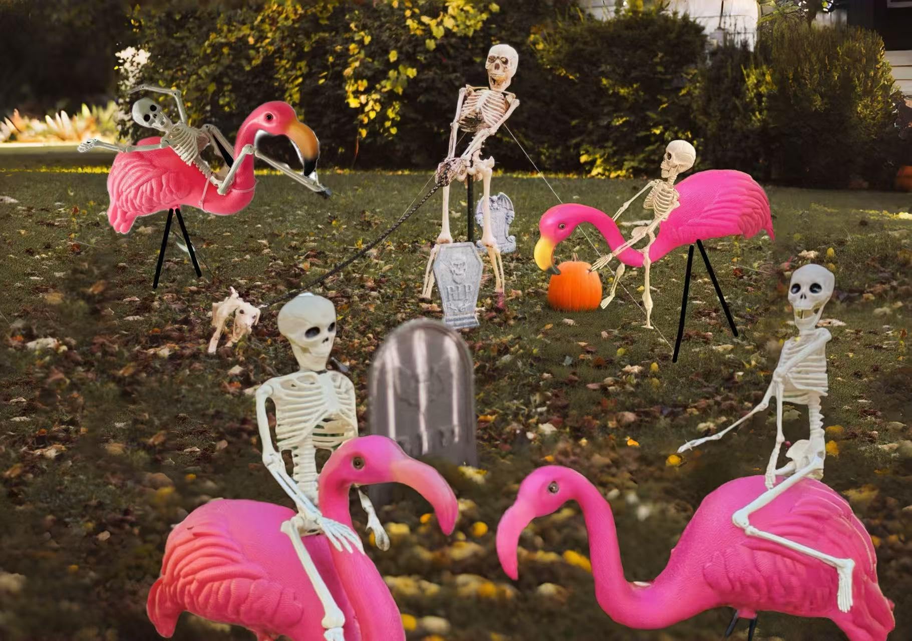 GIFTEXPRESS skeleton riding flamingo demonstrating quick zip-tie setup fun