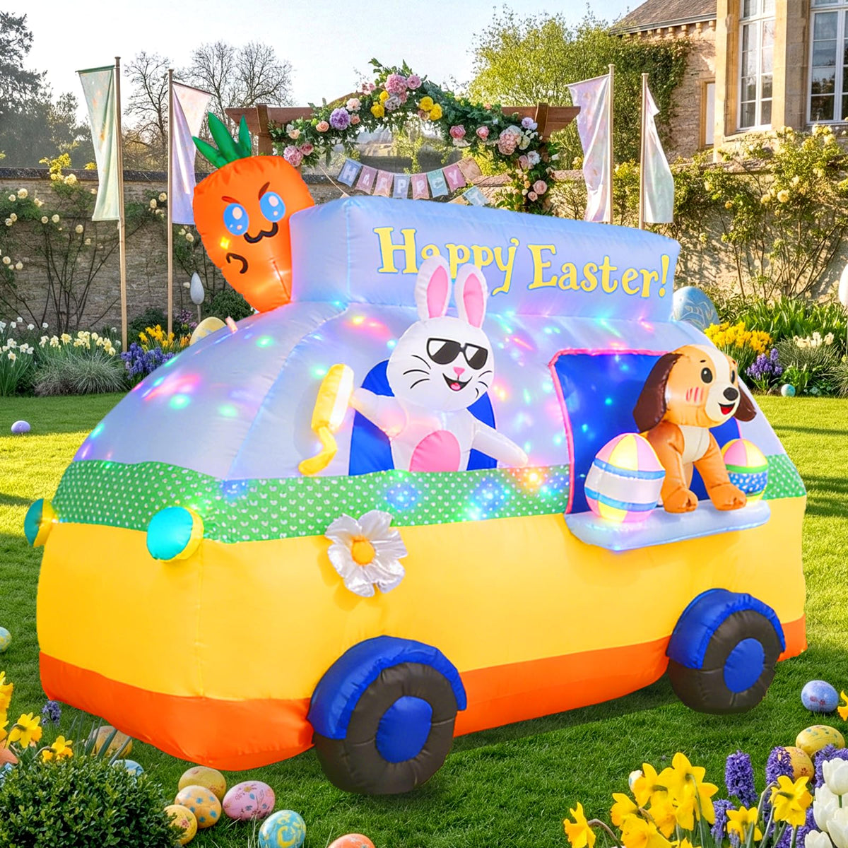 GIFTFIND front view of Easter bus inflatable showing cheerful scene and curb appeal