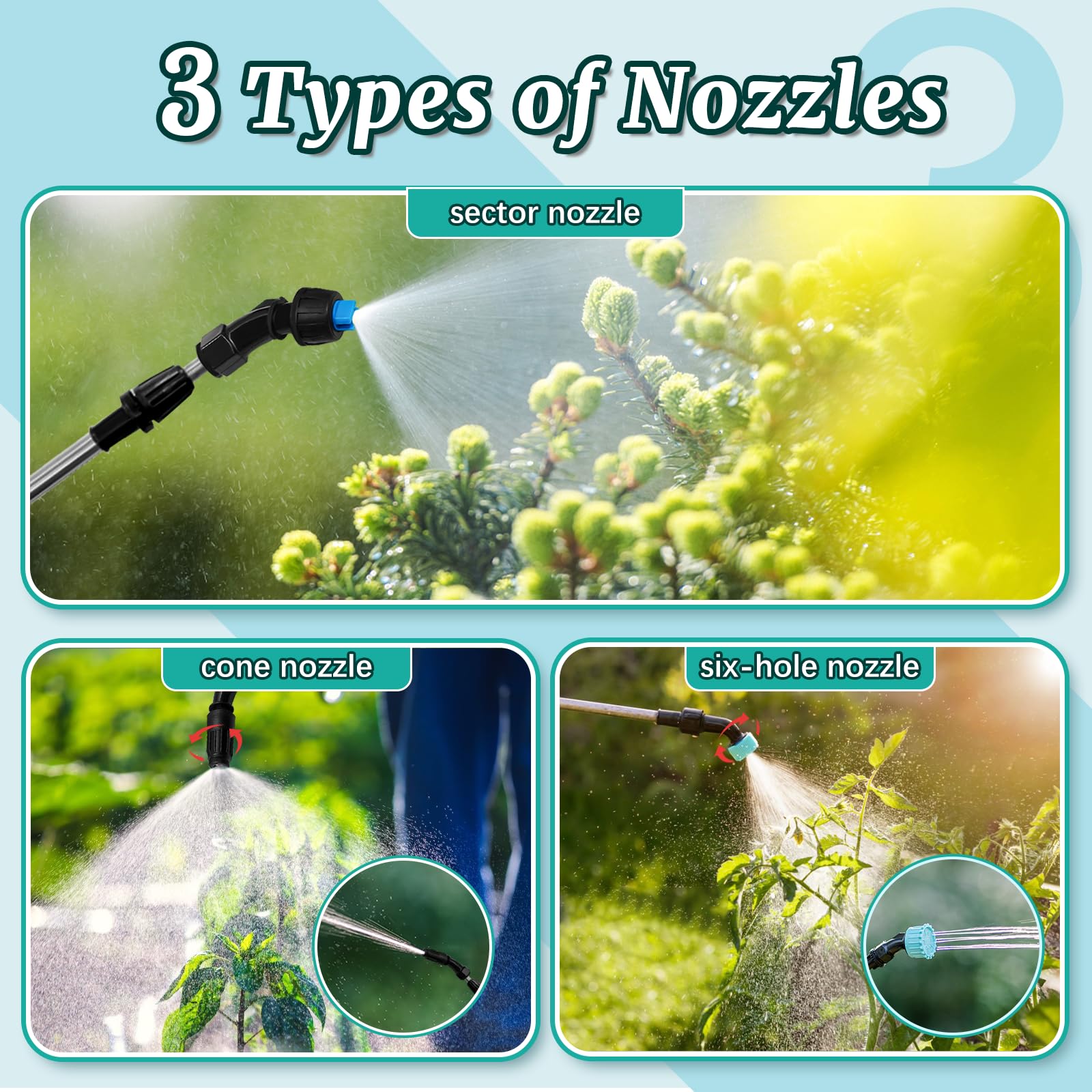 Giftsfaloy closeup of three nozzles and adjustable spray patterns for versatility