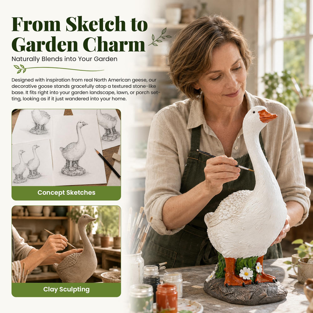 GIGALUMI goose placed in garden bed enhancing outdoor charm