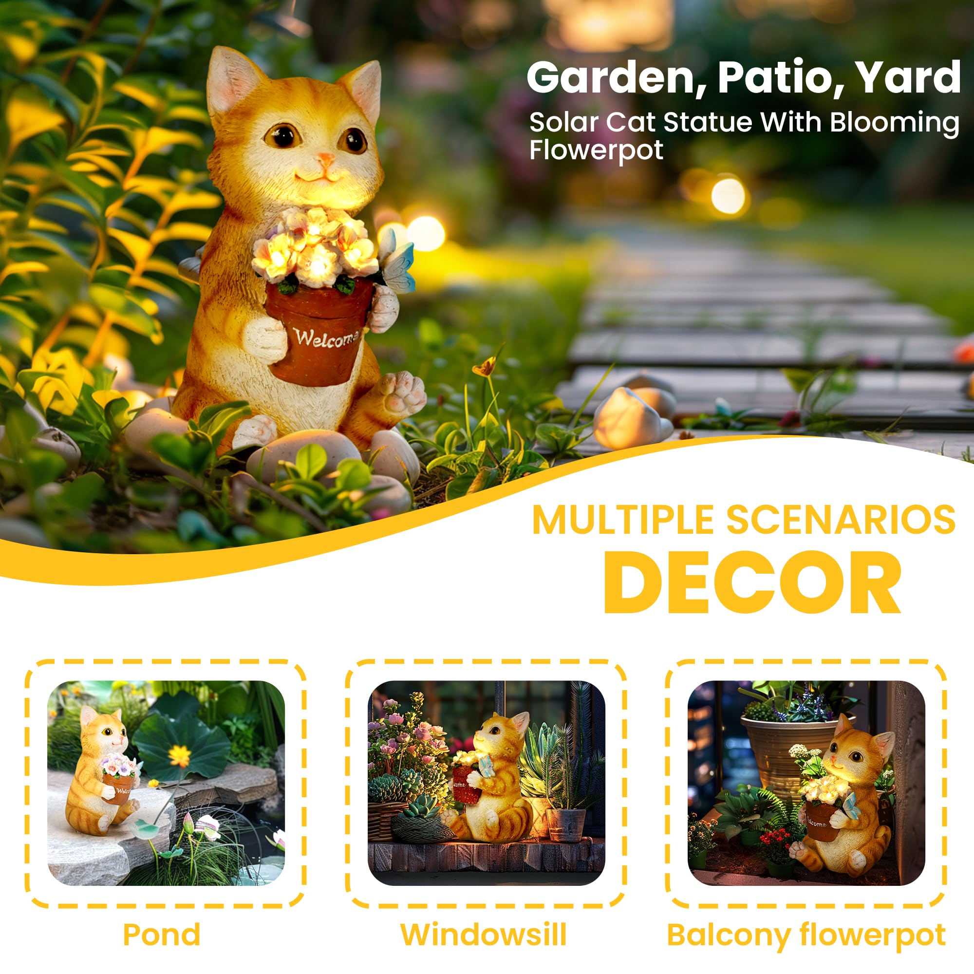 GIGALUMI cat statue placed in flowerbed adding whimsical focal point