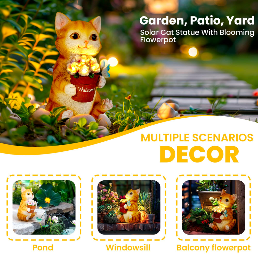 GIGALUMI cat statue placed in flowerbed adding whimsical focal point