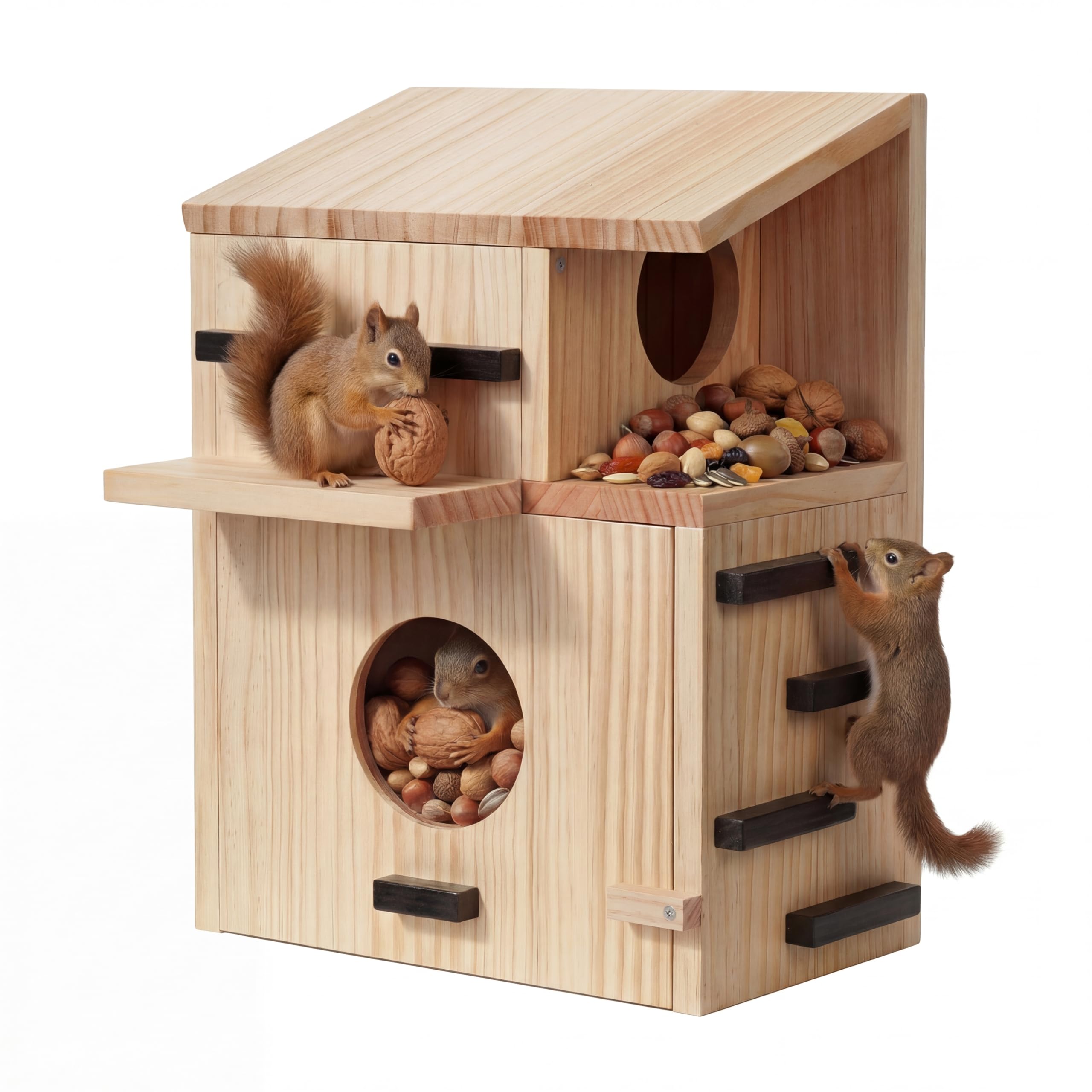 Gihkasd front view showing large wooden squirrel house for backyard wildlife
